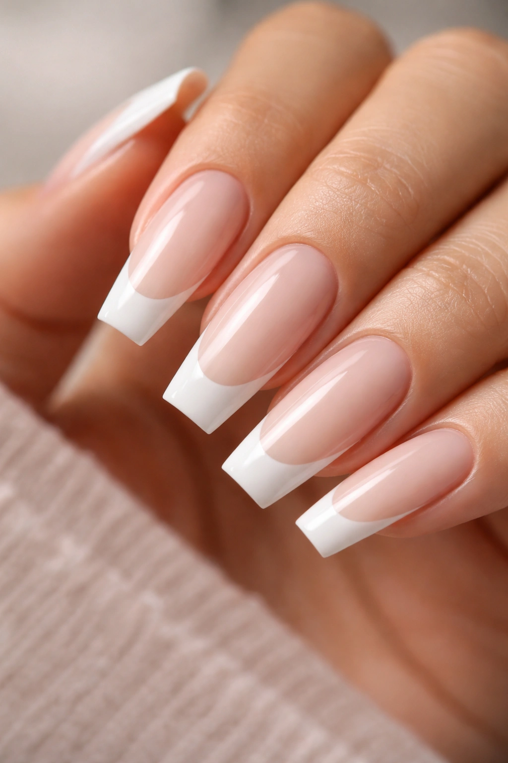 Nails with milky nude base and bright white edges