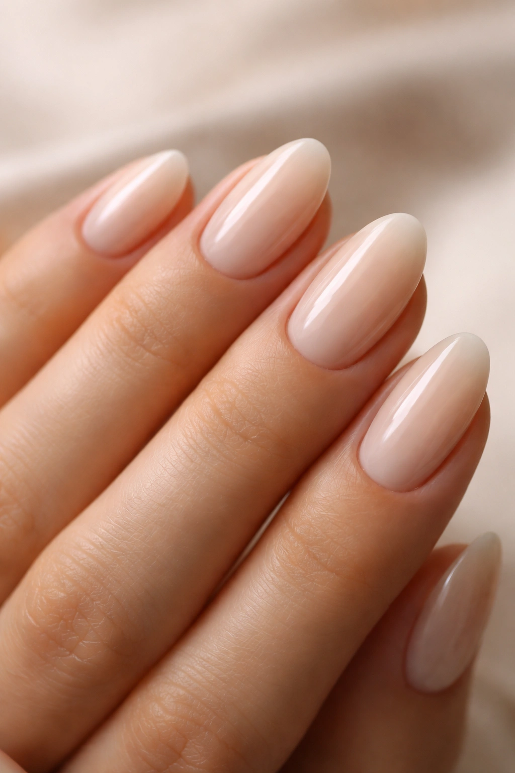 Close-up of milky beige short almond nails with a glossy gel-like finish