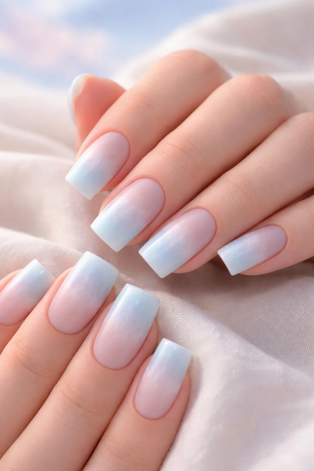 Close-up of square nails with milky blue ombre and cloud-like gradient on a neutral background