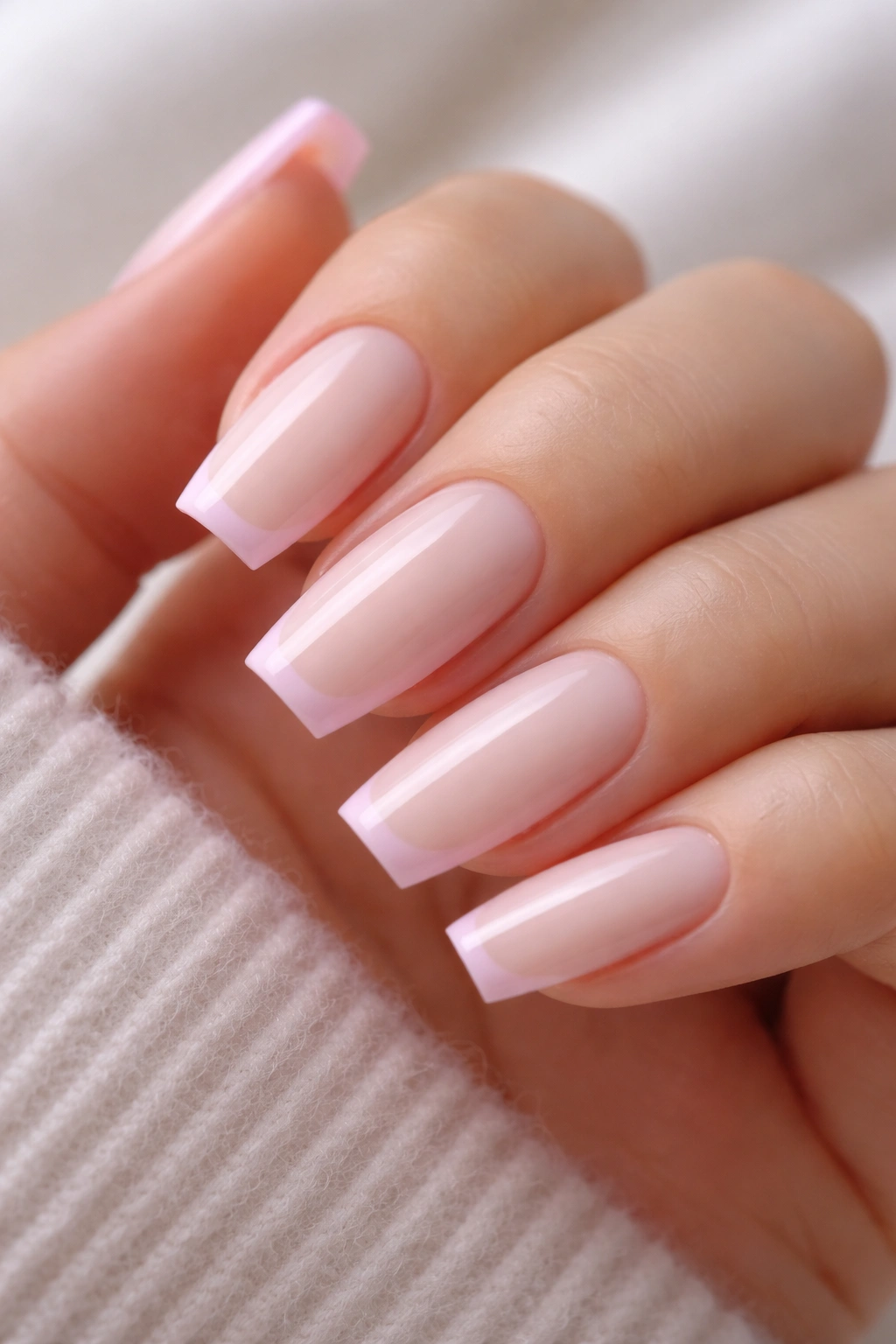 Ballerina nails with milky blush base and whisper-thin baby pink tip.