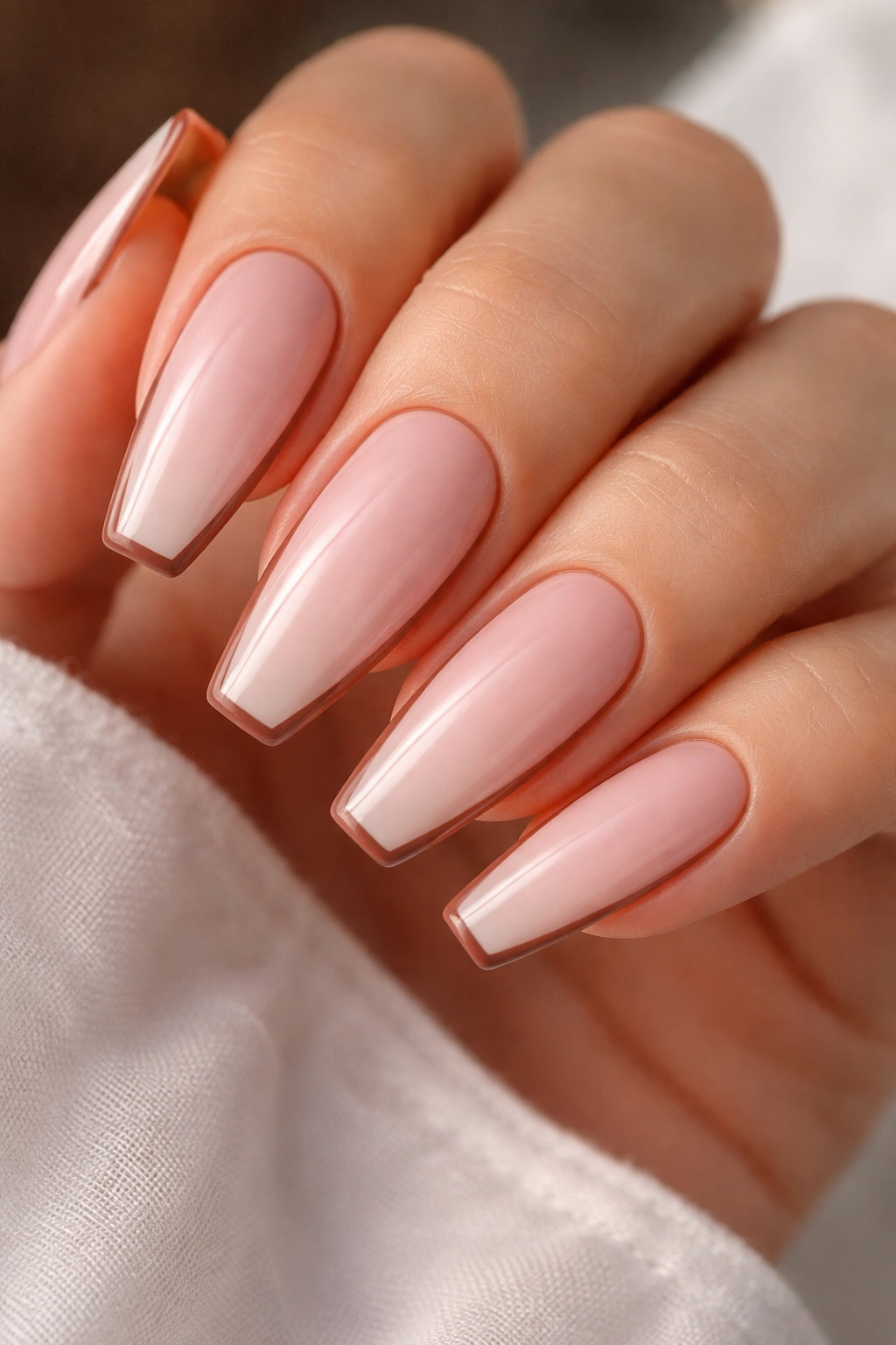 Close-up of milky blush nails with thin cocoa outline