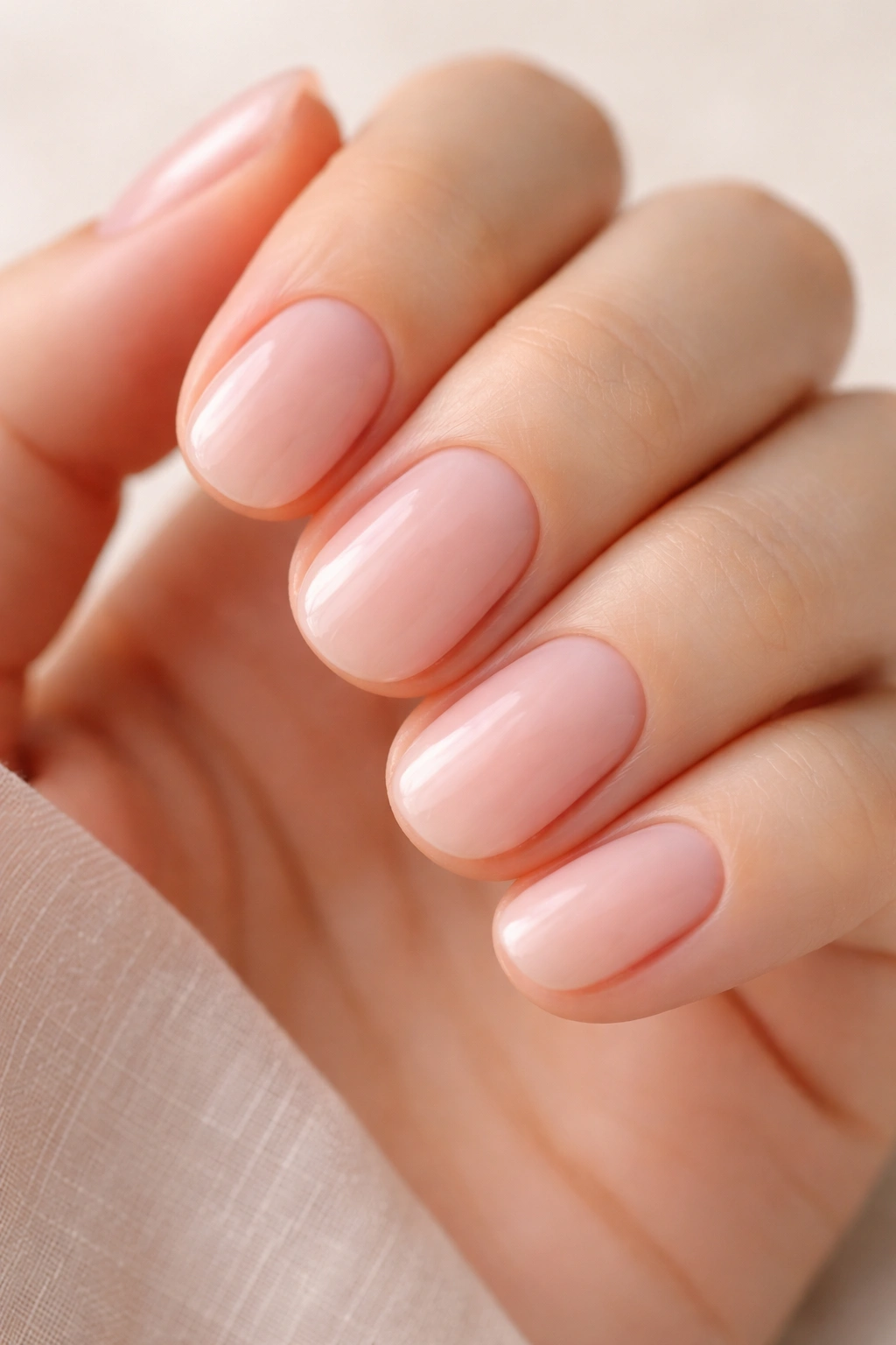 Close-up of short oval nails with milky blush polish offering a dreamy opacity