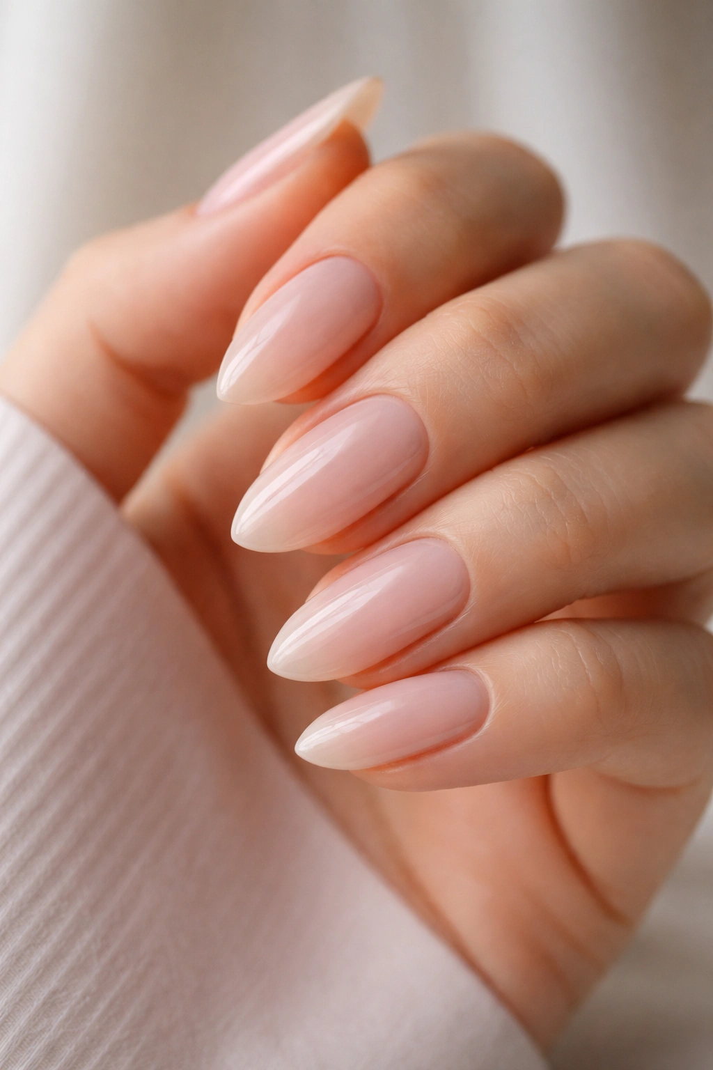Close-up of milky blush almond nails with sheer pink-beige polish and glossy finish