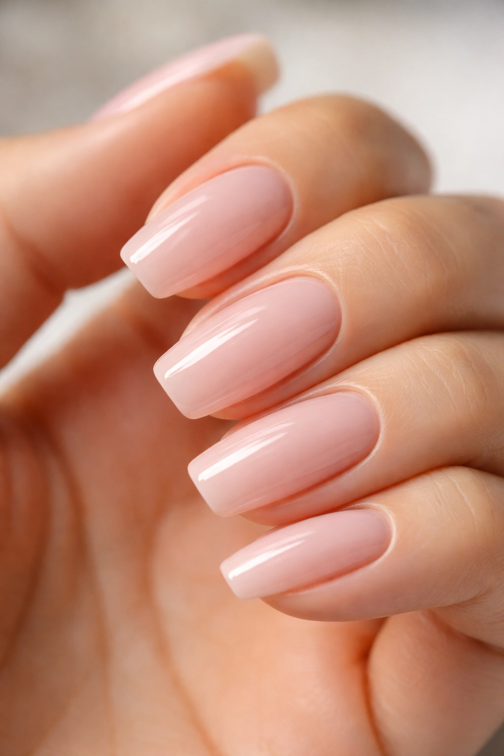Milky blush pink nails with a glassy, high-gloss finish on short to medium length
