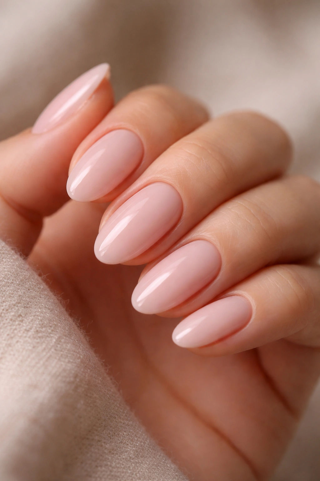 Close-up of short almond nails with milky blush pink and glossy finish