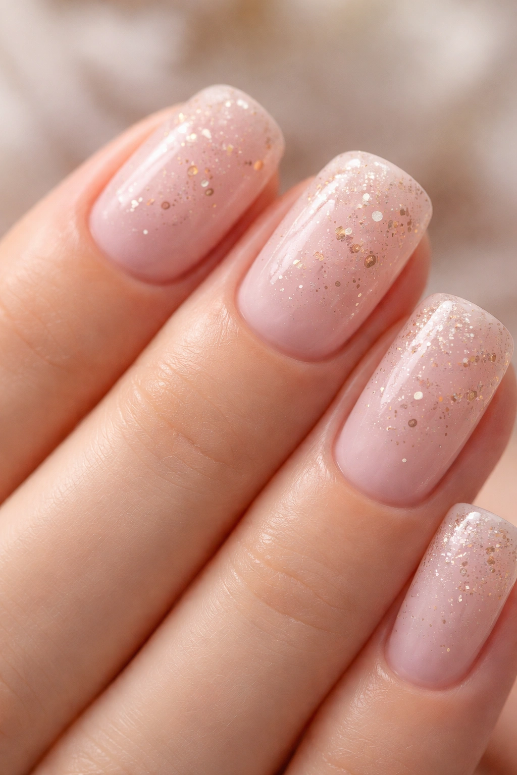 Nails with milky blush base and rose gold flecks on squoval shape.
