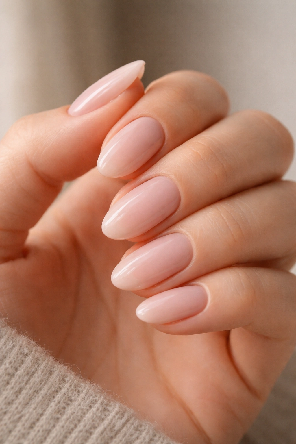 Close-up of a hand with milky blush short almond nails and glossy finish