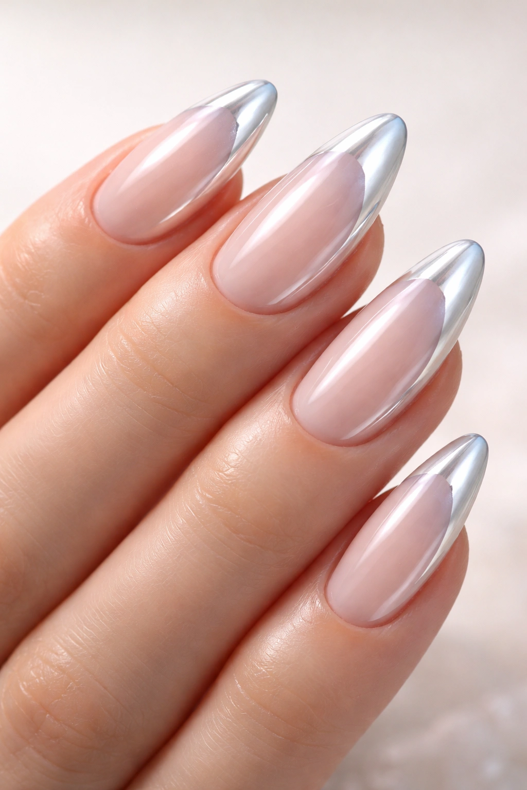 Close-up of milky base nails with chrome-coated tips for a futuristic look.