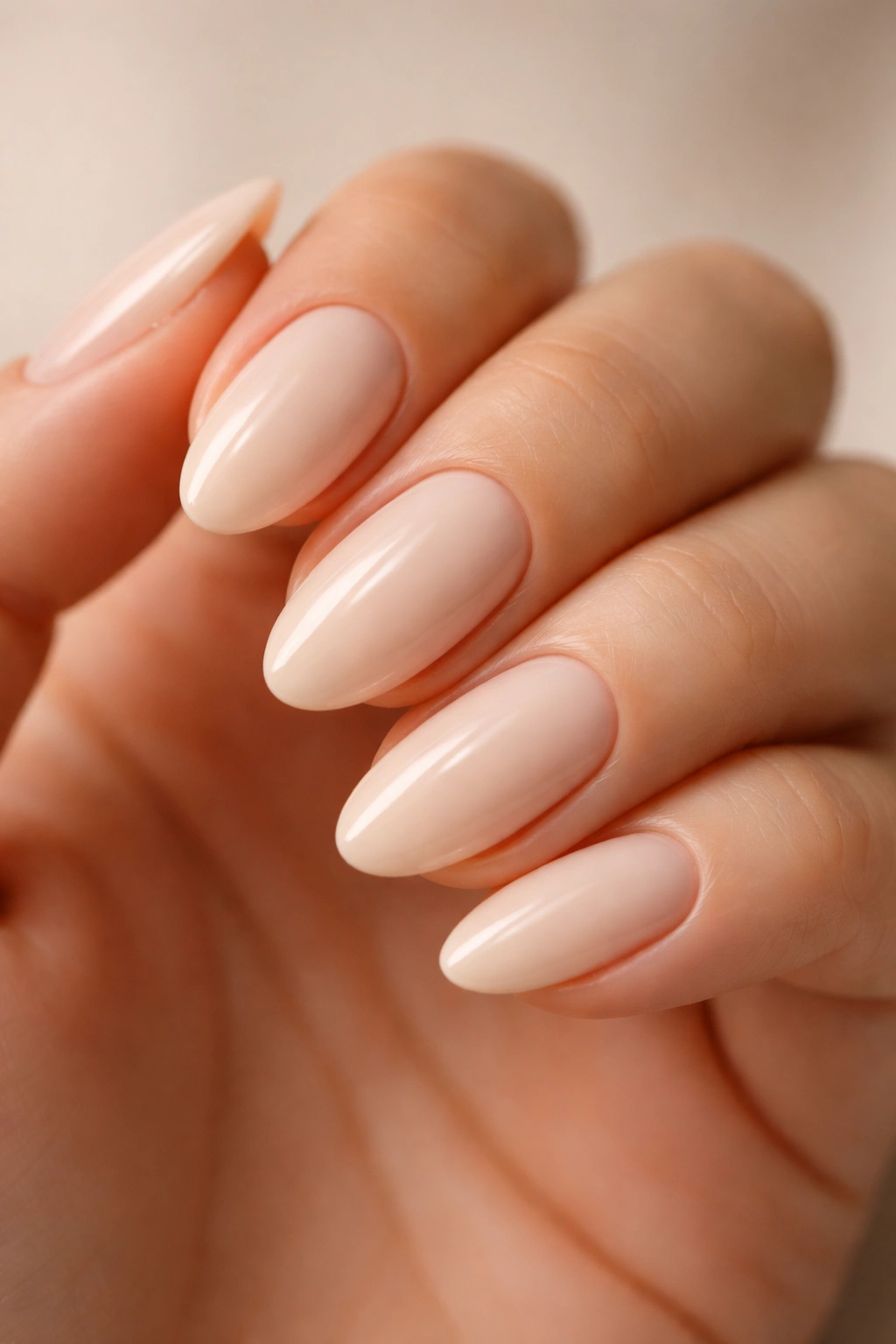 Close-up of milky cream almond nails with glossy translucent finish