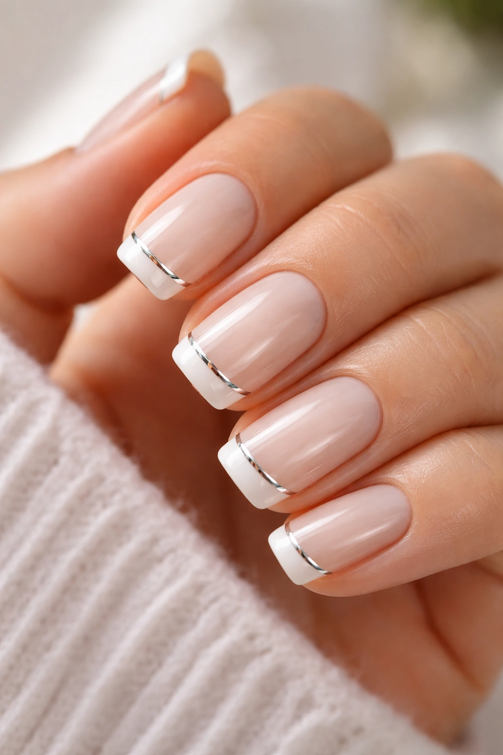Close-up of milky French nails with a thin chrome line above the tip