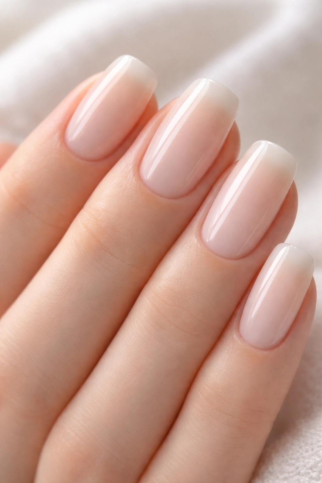 Close-up of milky French manicure with softened tips
