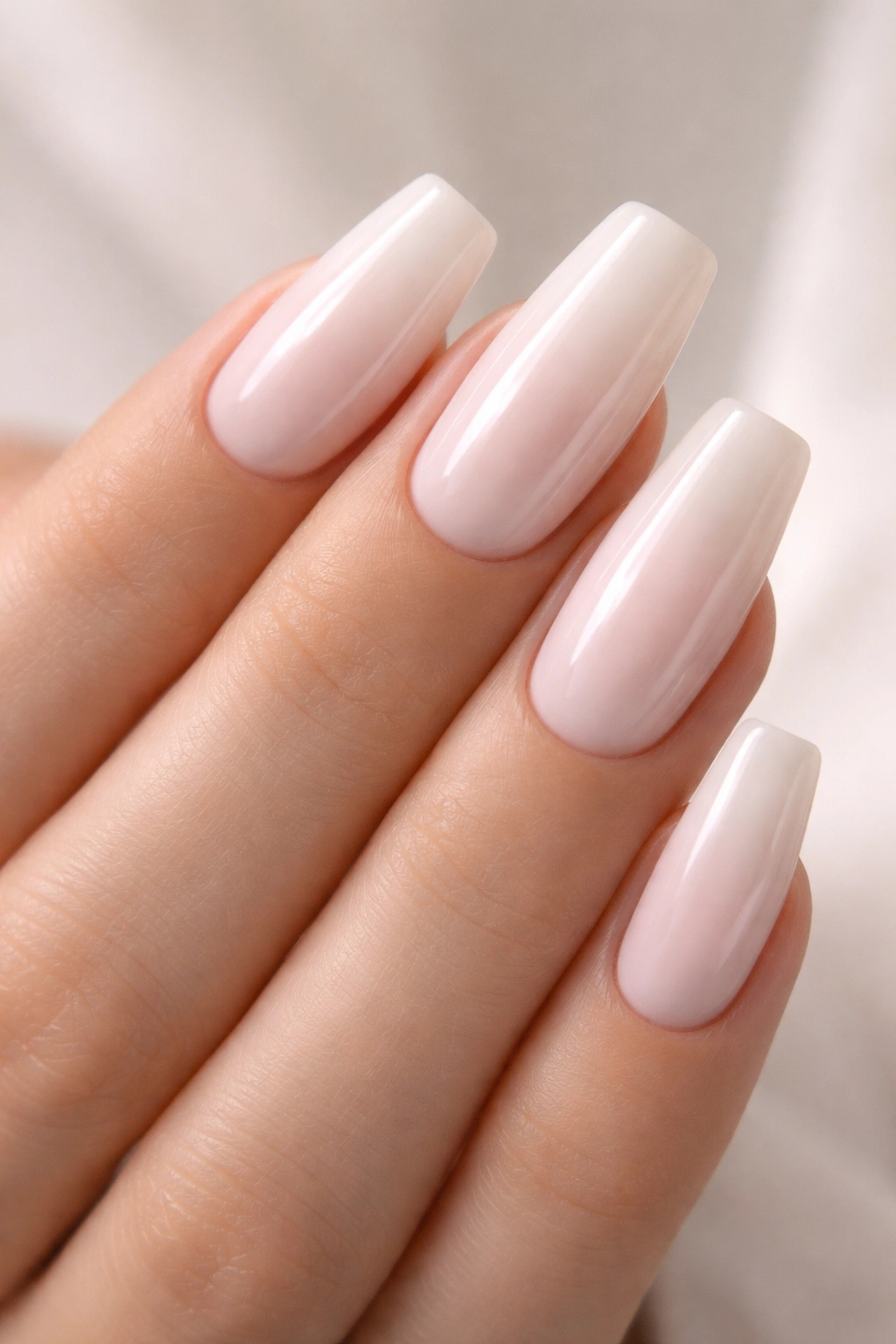 Close-up of milky white sheer builder gel nails with subtle translucency.