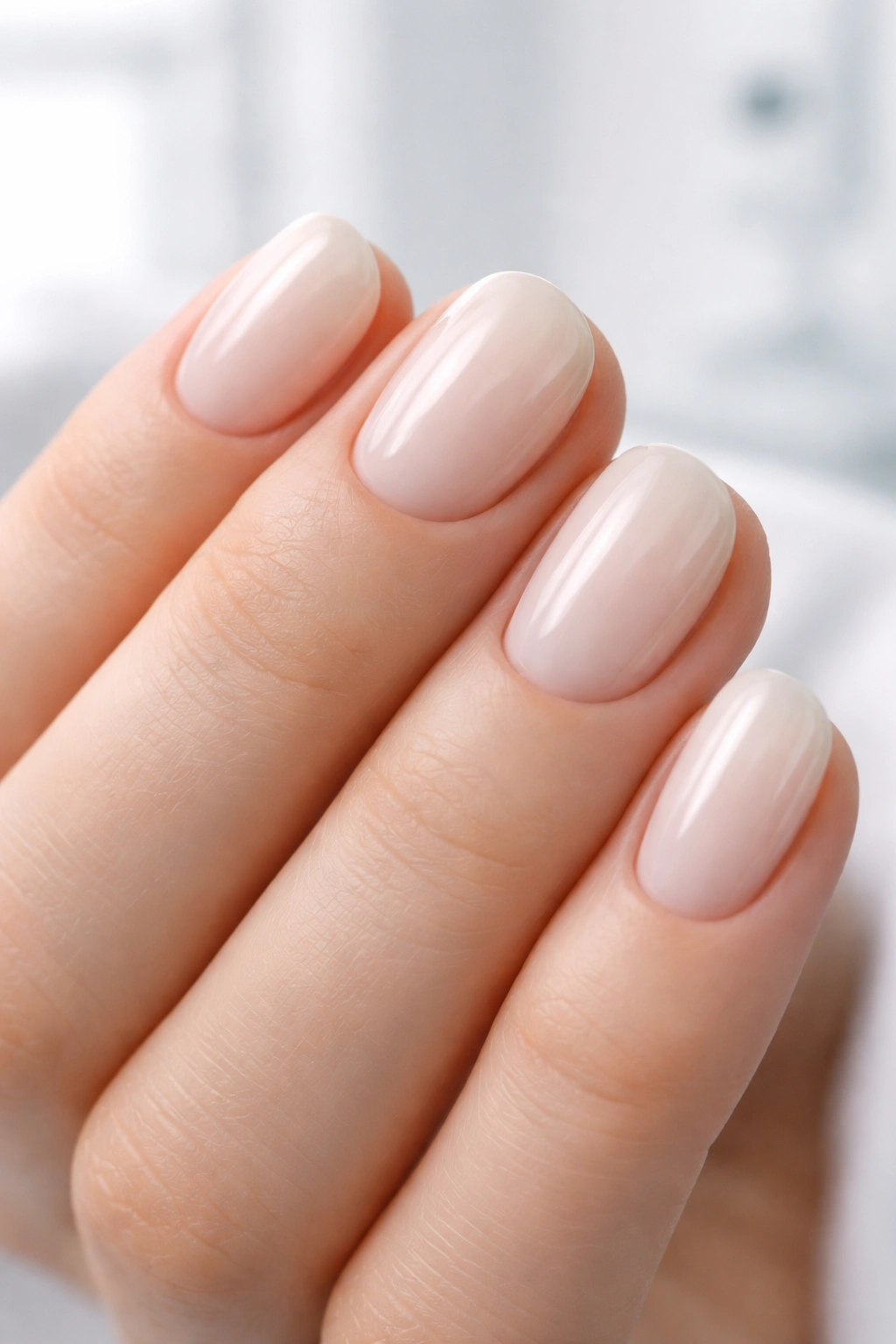 Close-up of short nails with milky glazed polish in a clean clinical setting