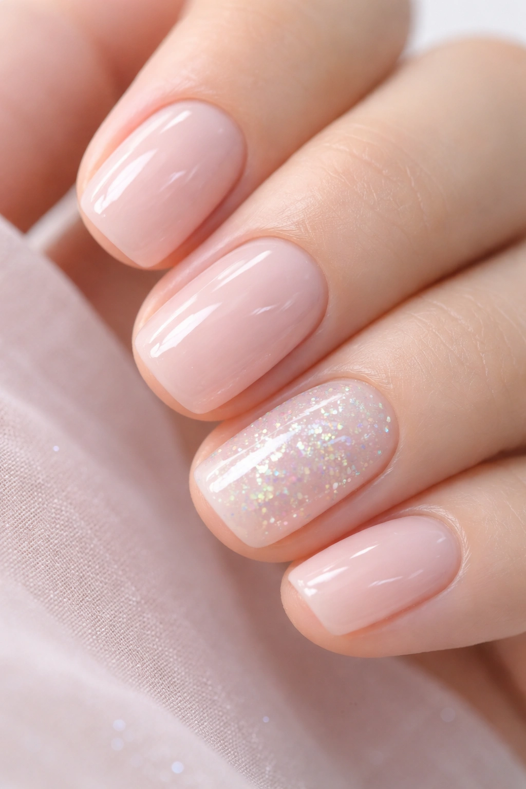 Close-up of a short squoval nail with milky opalescent glitter on the accent nail