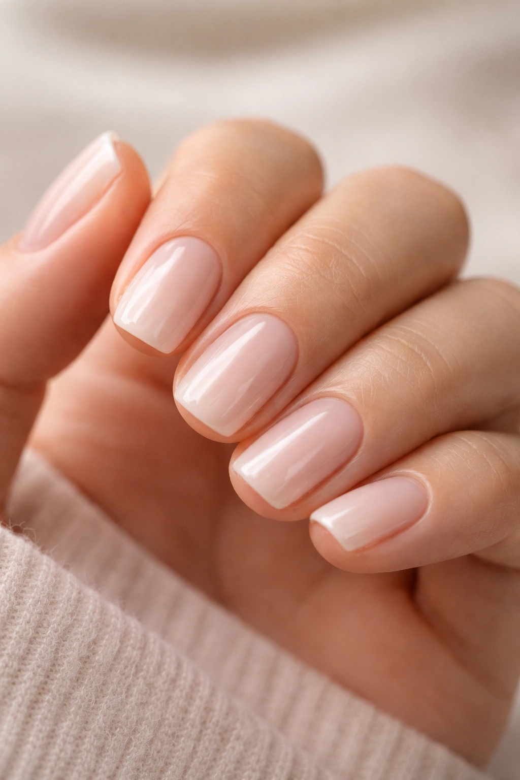 Close-up of milky jelly nails with translucent base and glossy finish