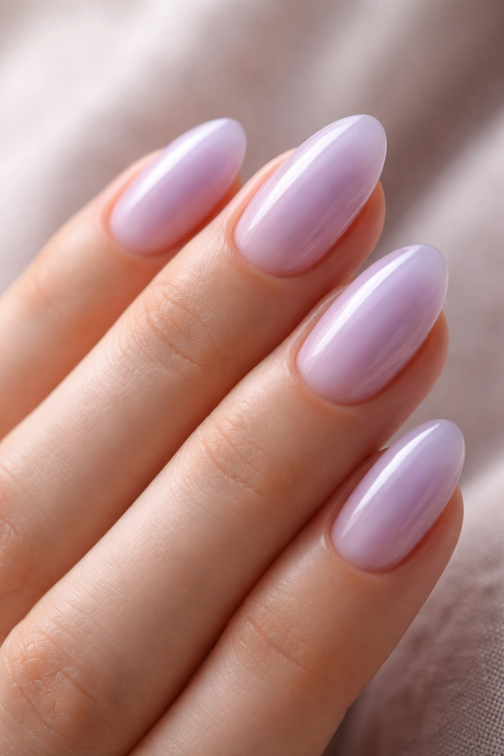 Close-up of short almond nails with a milky lavender wash, translucent pastel manicure