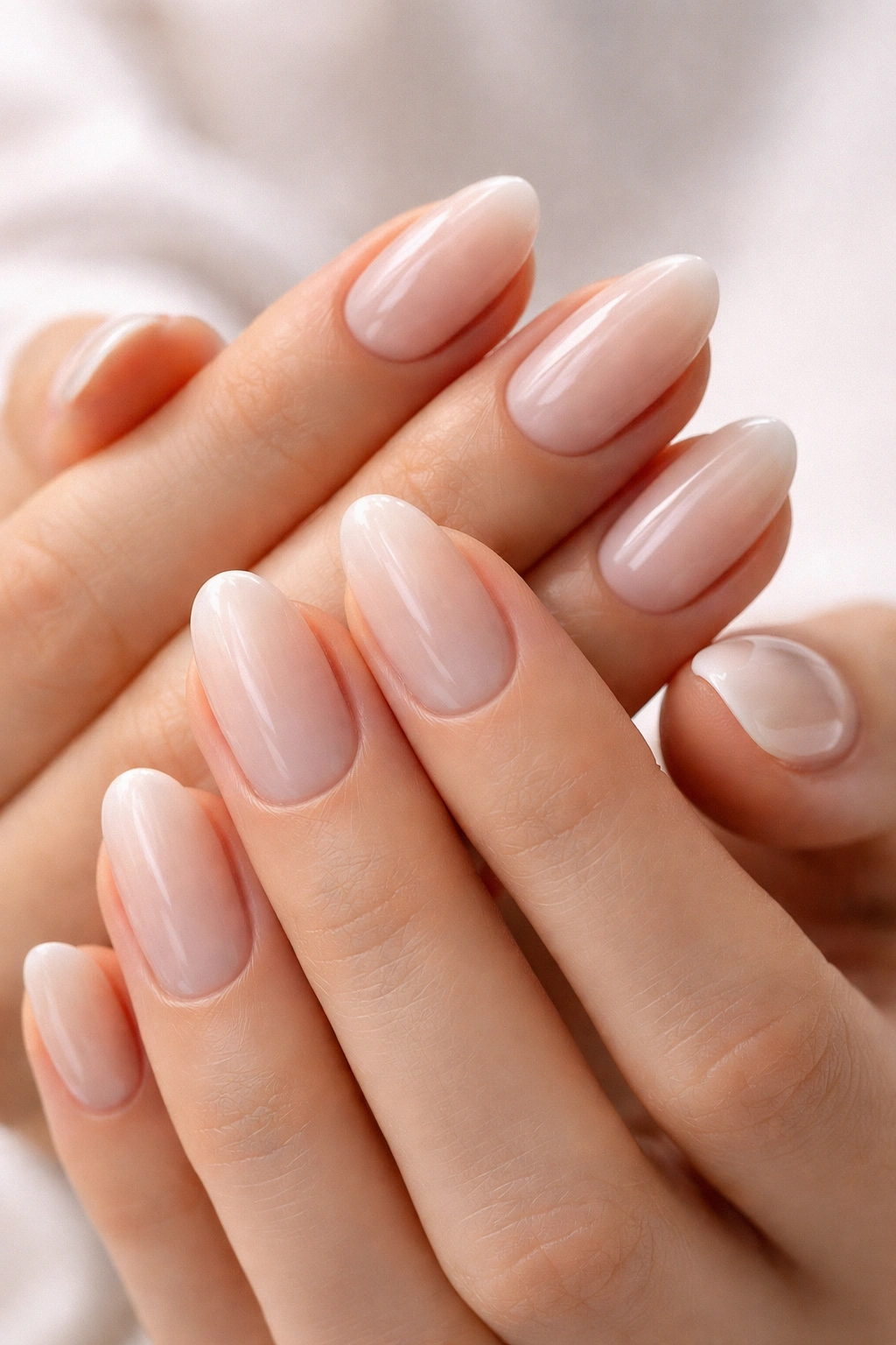 Close-up of hands with a milky manicure featuring translucent pale pink nails