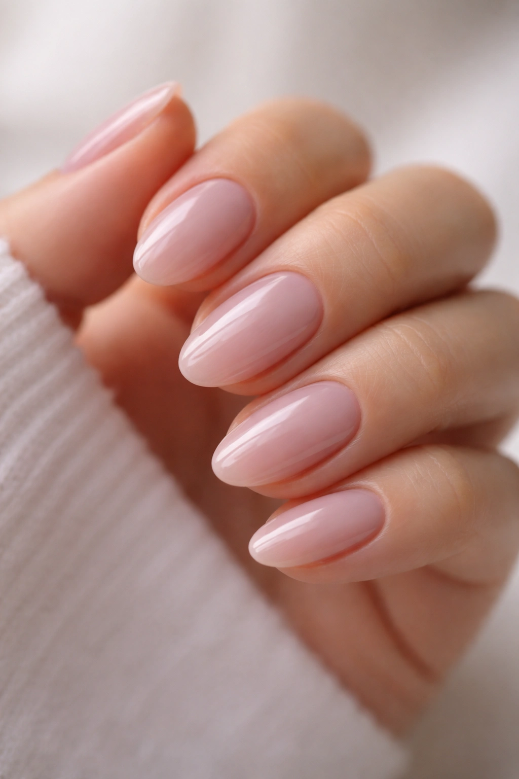 Close-up of short almond nails with sheer milky mauve gloss on a hand