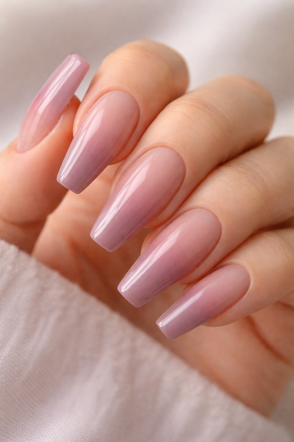 Close-up of milky mauve ombré nails fading pink to rose taupe