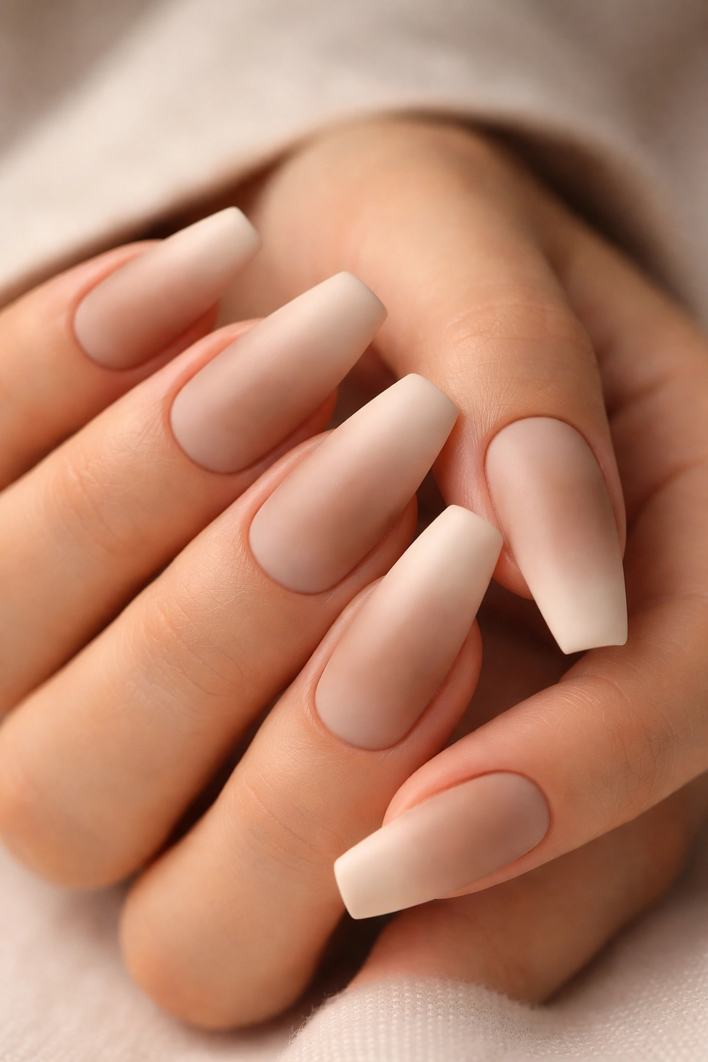Milky mocha ombré matte ballerina nails on medium length with subtle gradient