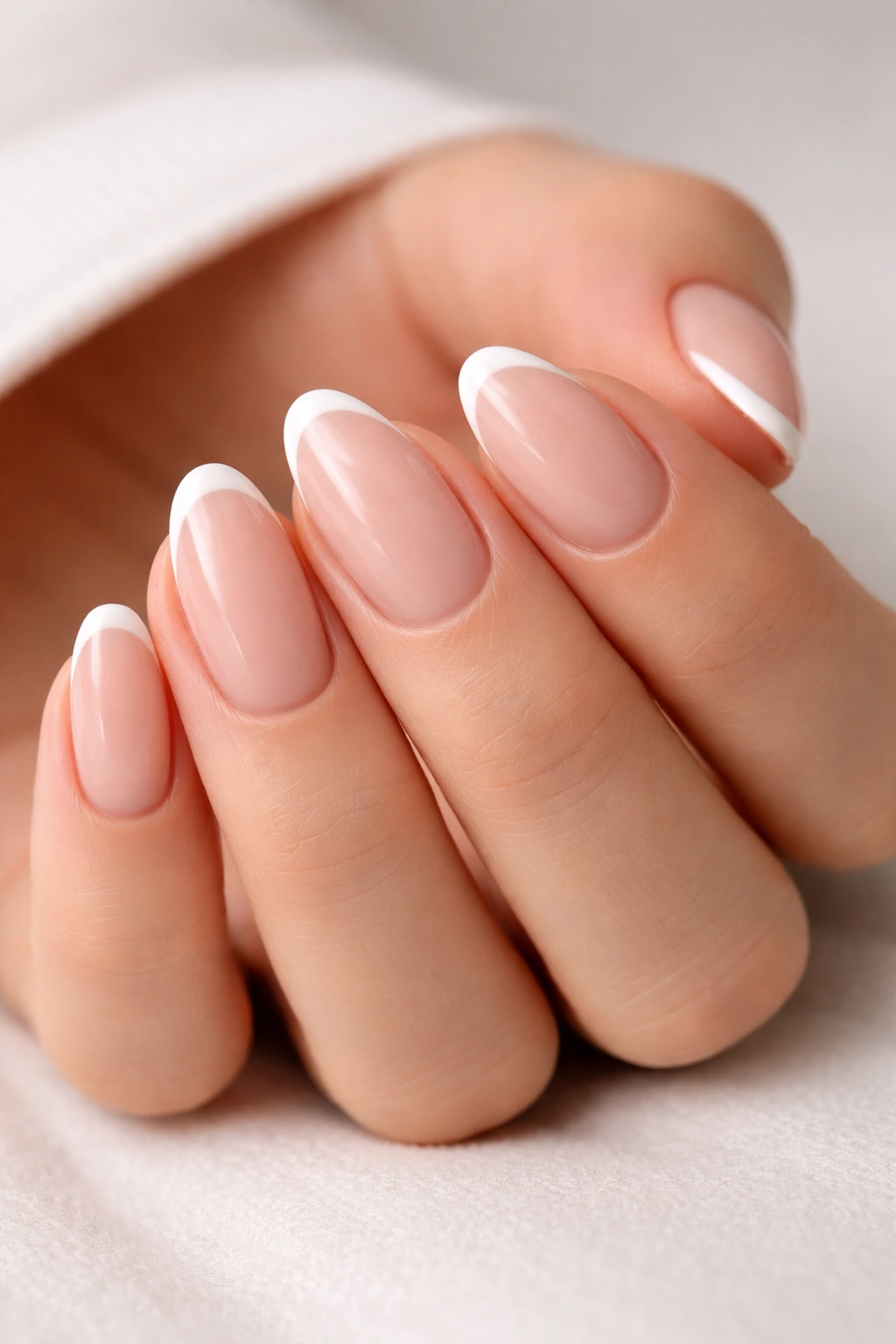 Close-up of short almond nails with milky base and thin white smile line