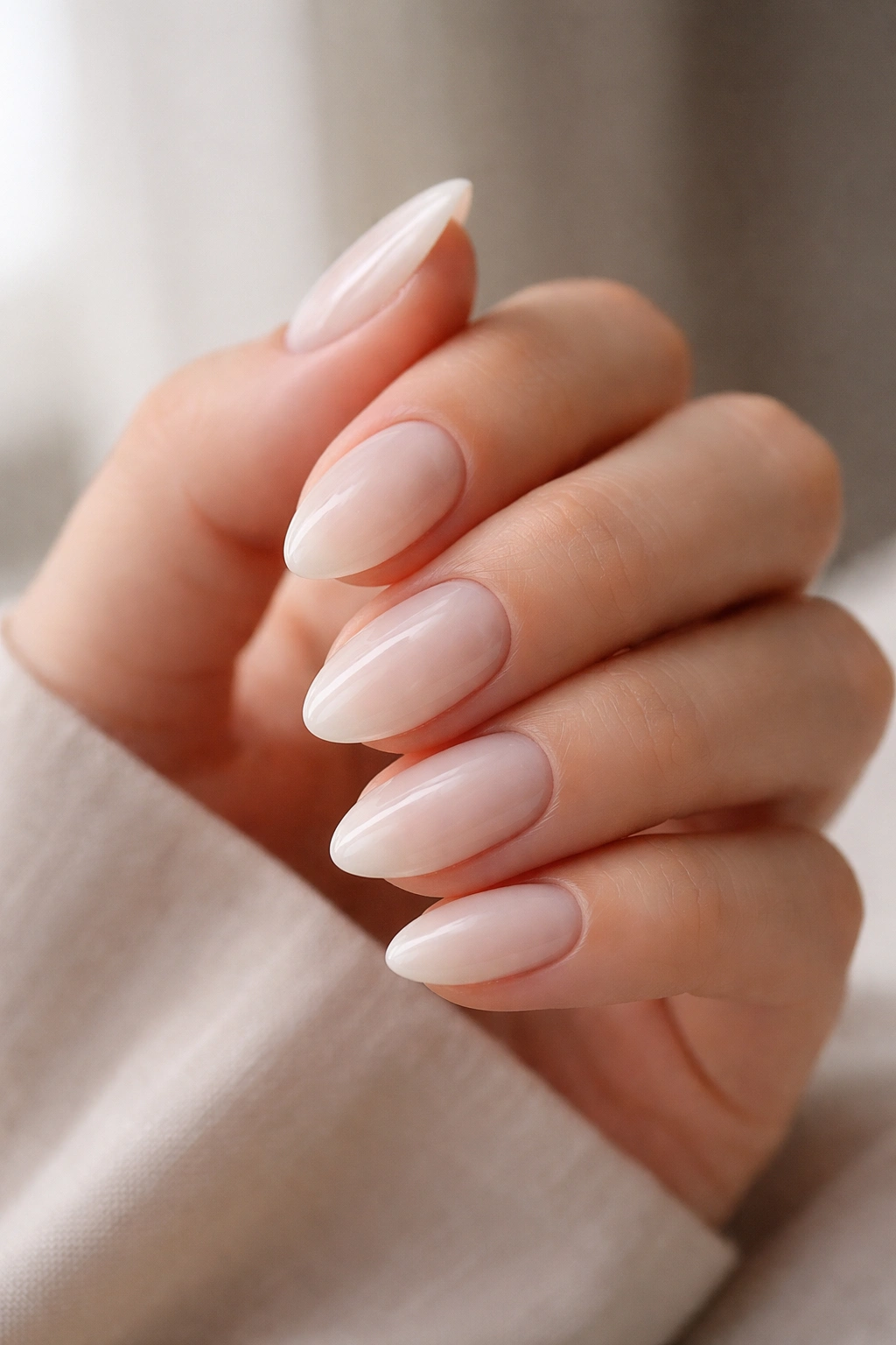 Close-up of sheer milky almond nails on short gel extensions.