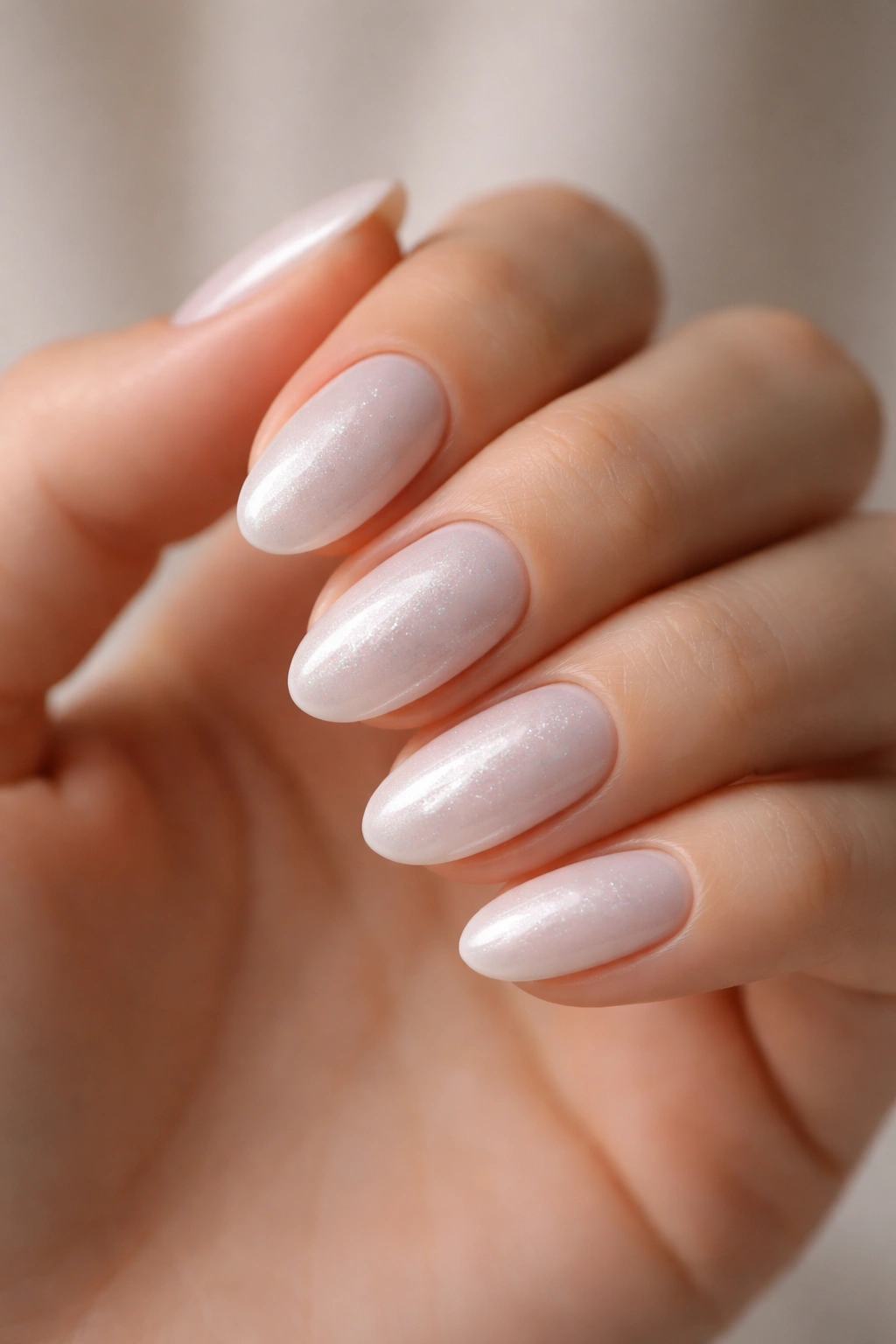 Close-up of short almond nails with milky white base and chrome dust shine