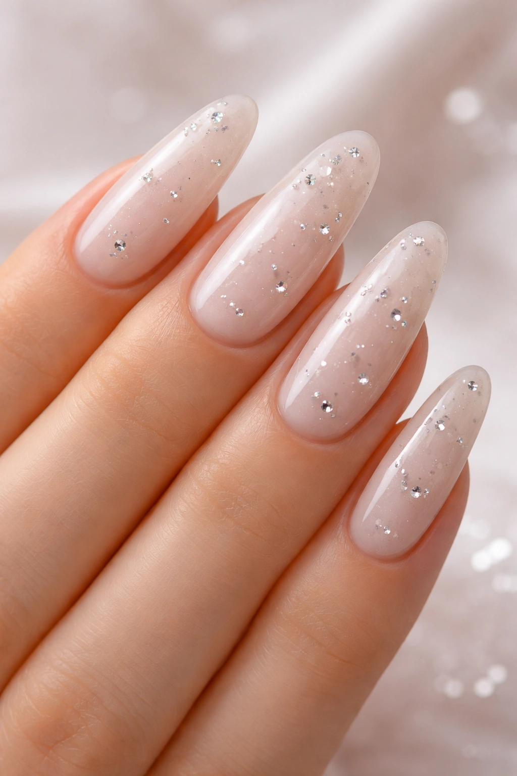 Close-up of milky base nails with scattered diamonds across nails