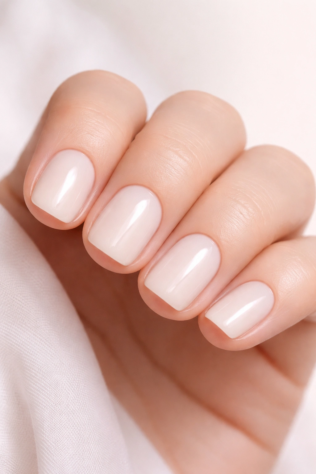 Close-up of milky nails on short nails with porcelain finish