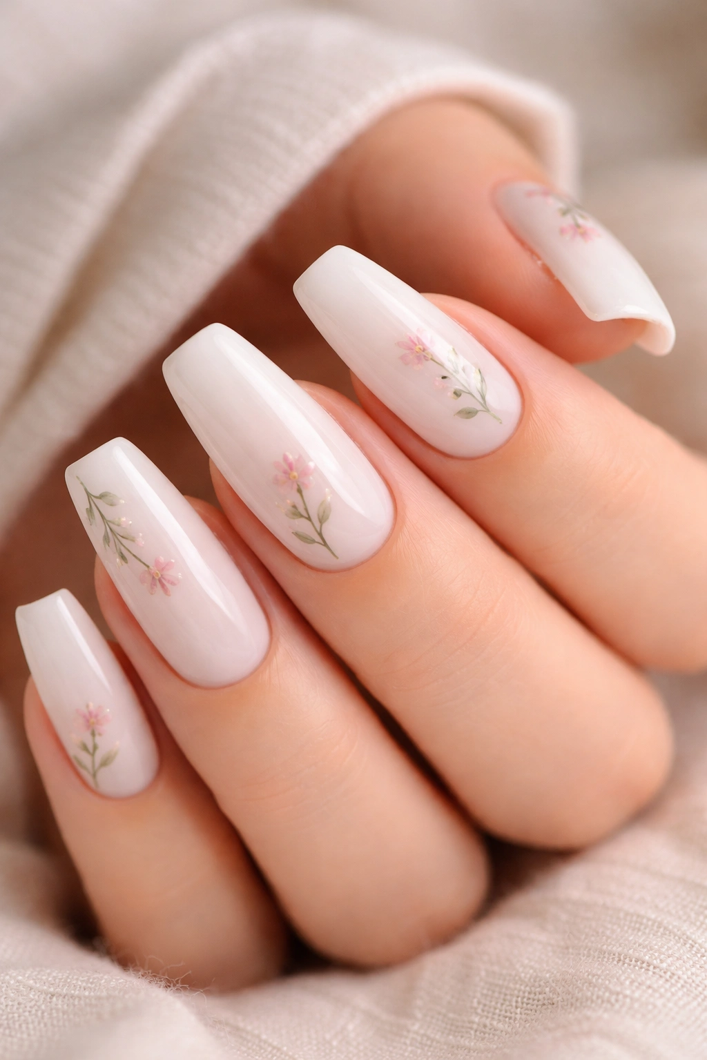 Milky white nails with delicate floral art on coffin nails