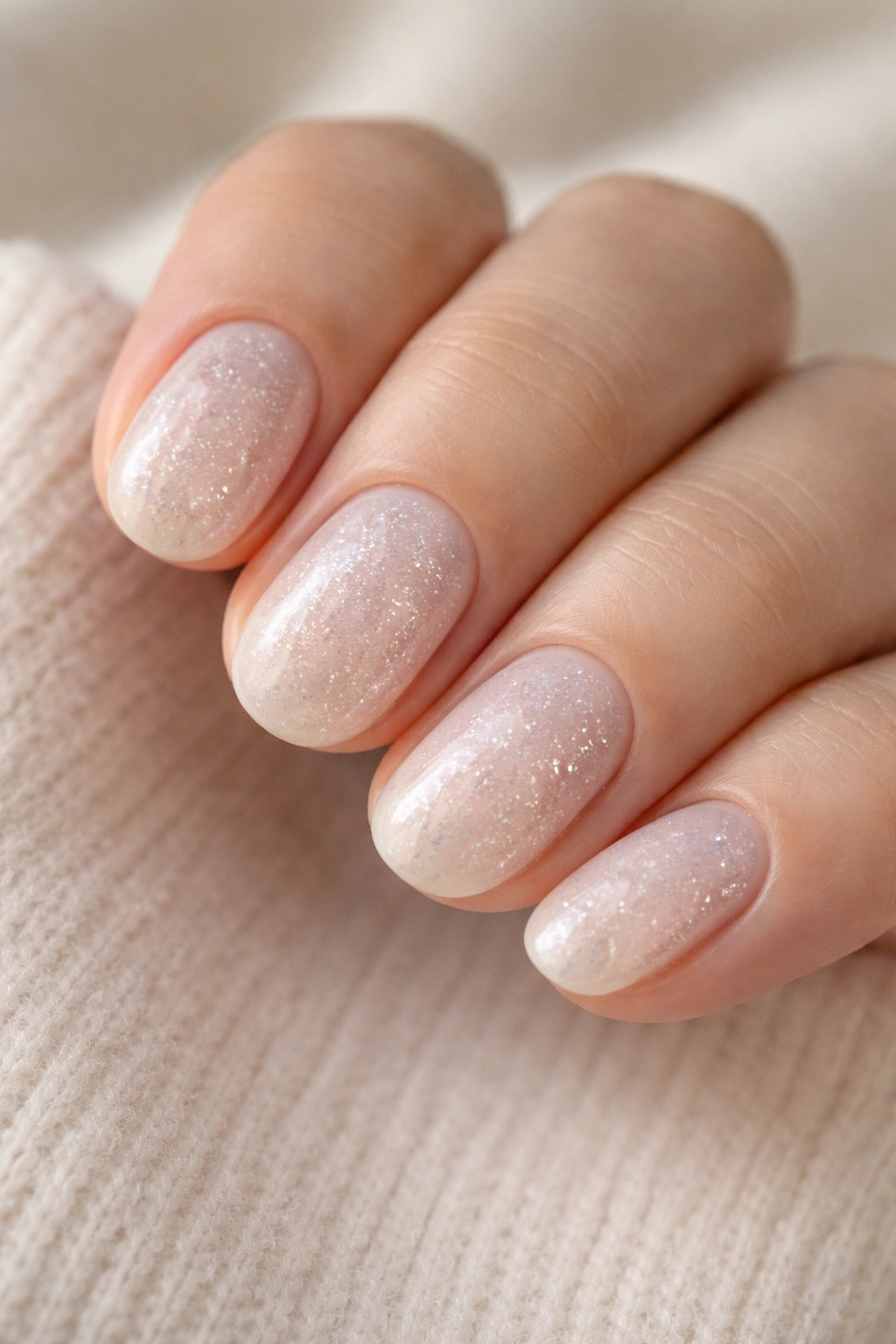 Close-up of milky nails with micro-glitter on short oval nails