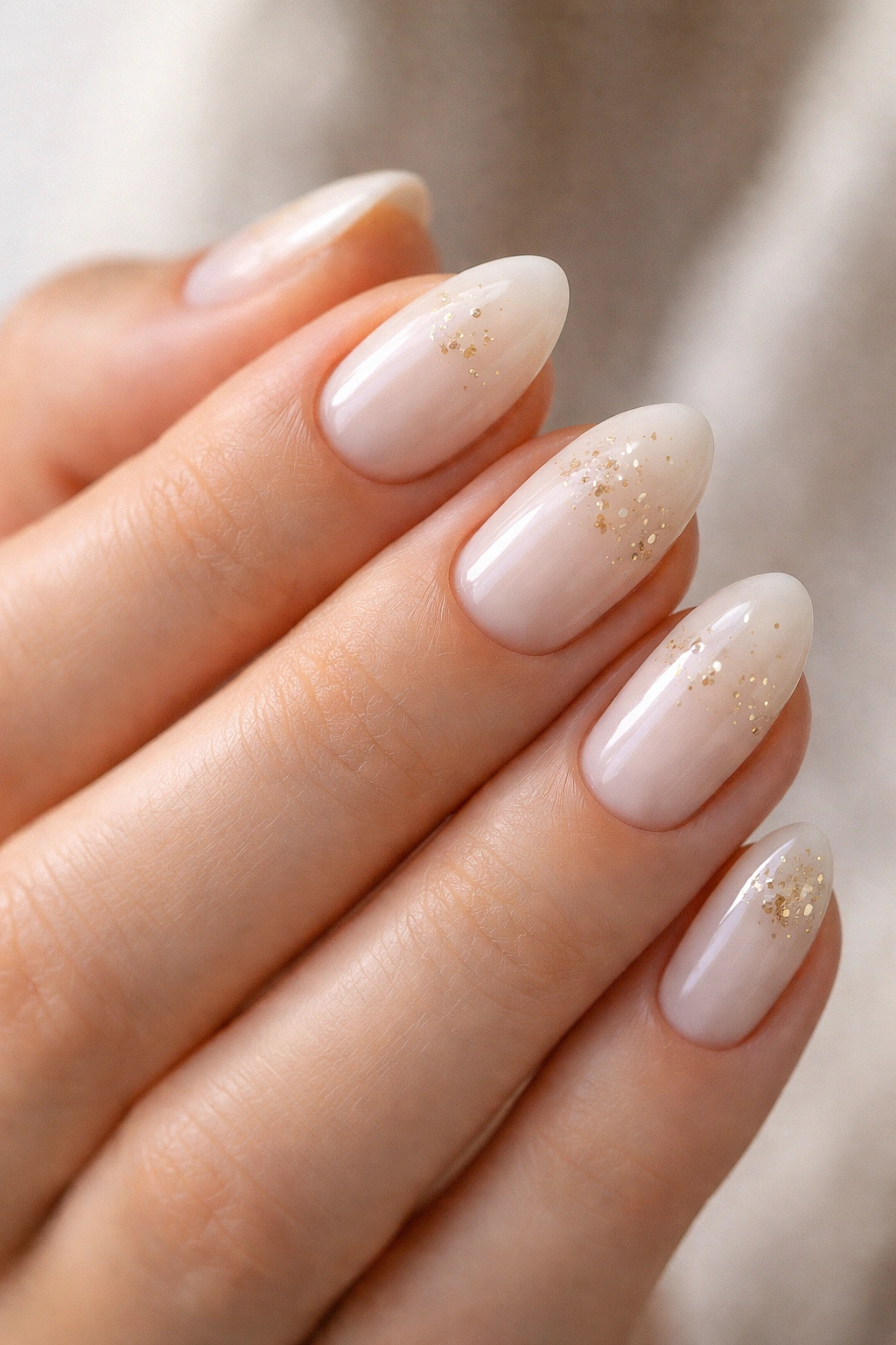 Close-up of short almond nails with milky base and tiny gold flakes near cuticle