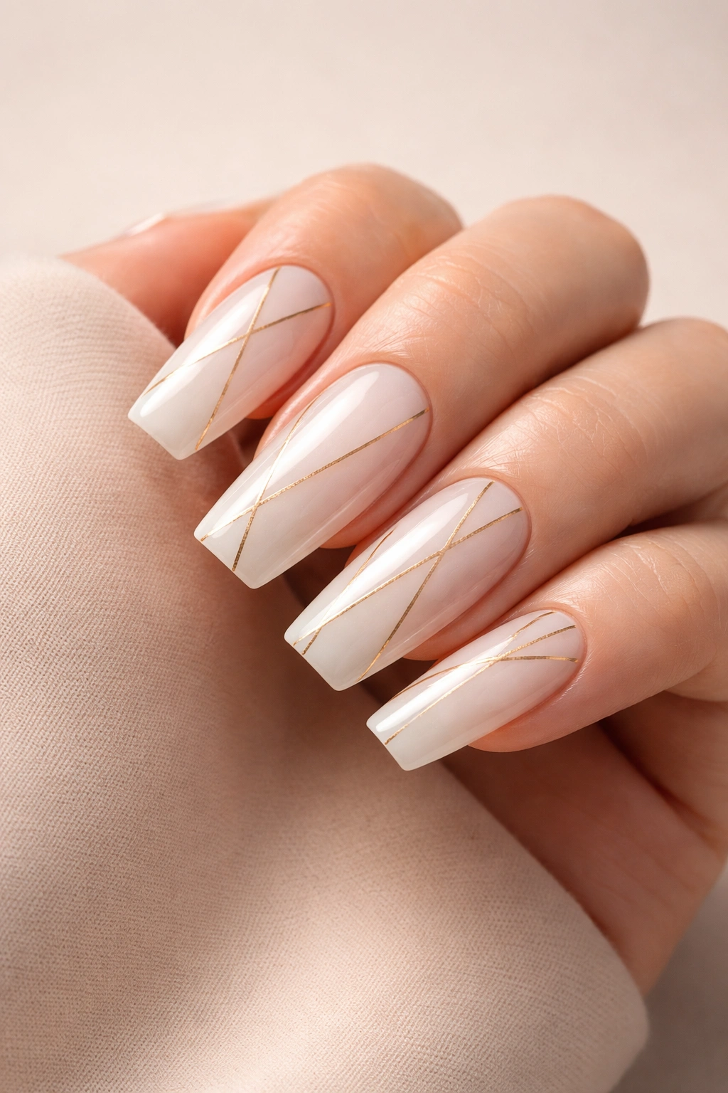 Close-up of milky white squoval nails with gold geometric lines on a neutral background