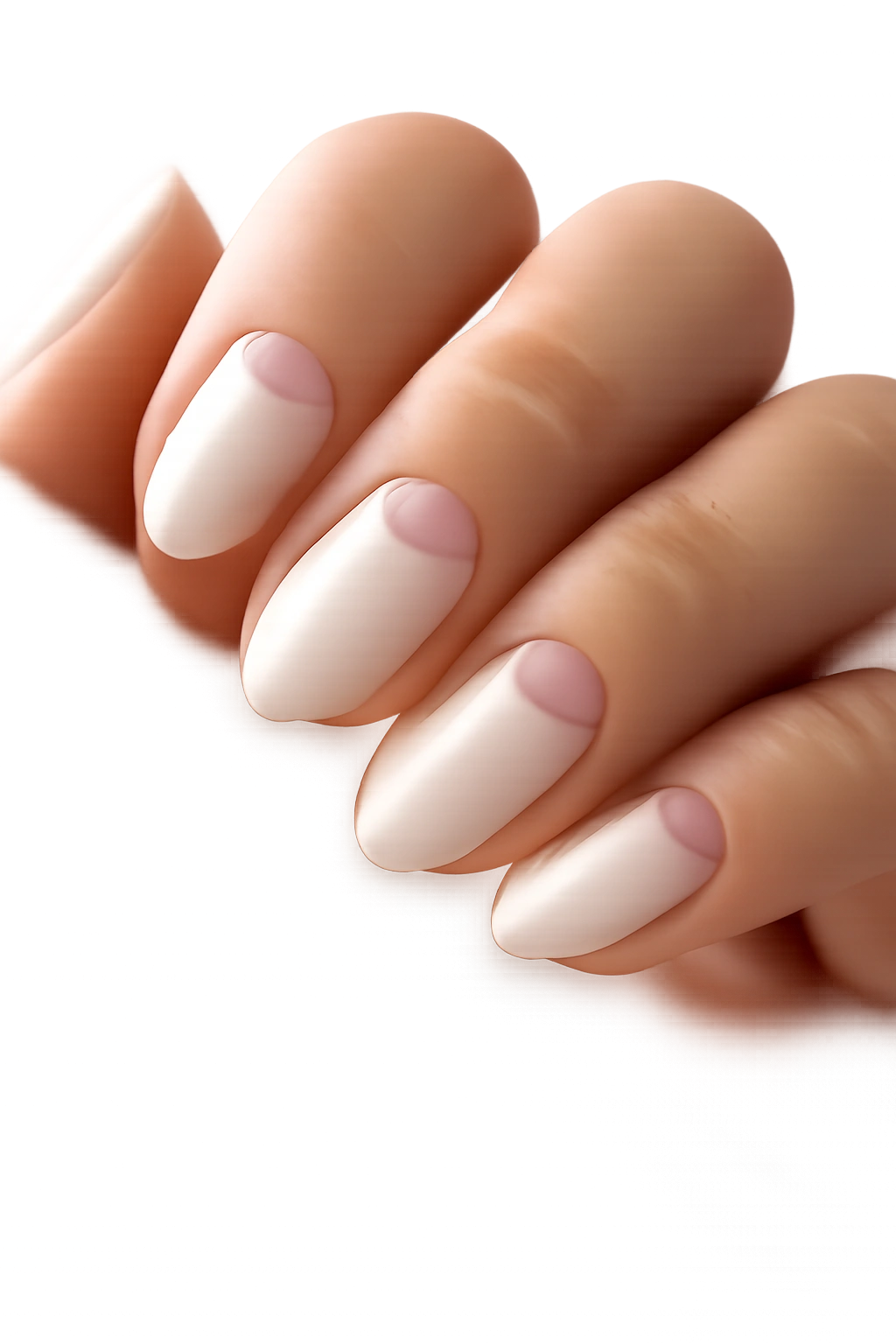 Short almond nails with milky white polish and clear negative space crescent