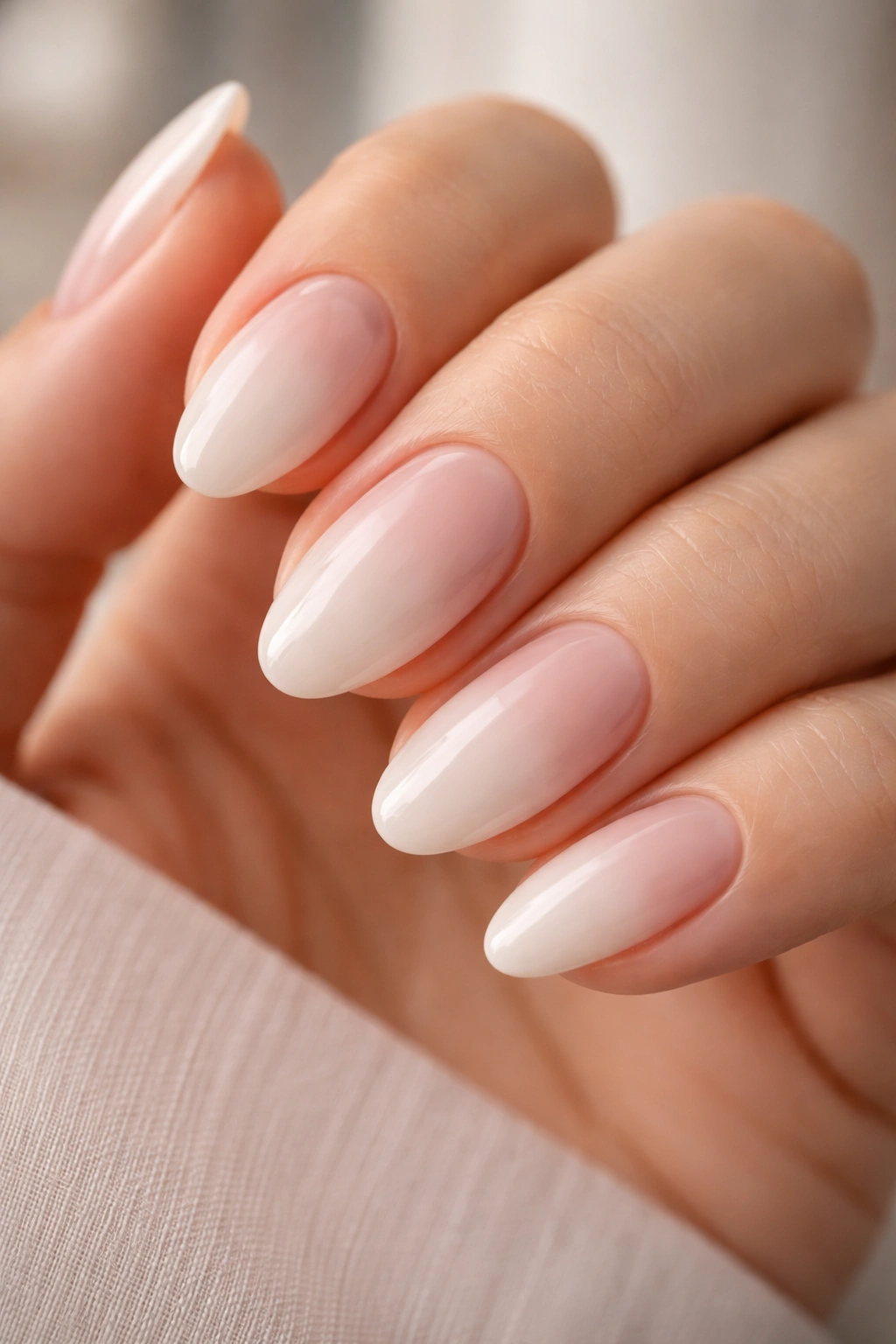 Close-up of milky white almond nails with nude cuticle fade gradient