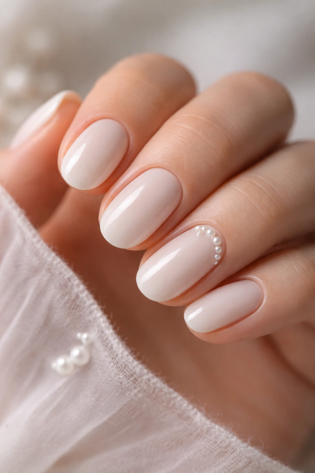 Milky white nails with tiny pearl accents on short ovals