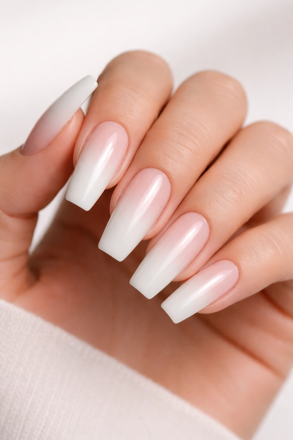 Milky white coffin nails with reverse gradient from sheer base to opaque tip