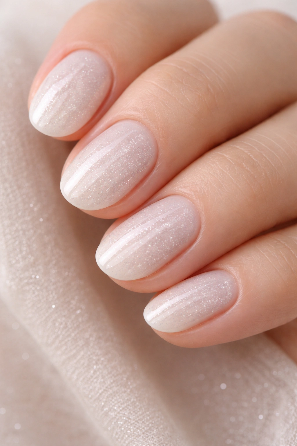 Milky white nails with sheer glitter overlay on short ovals