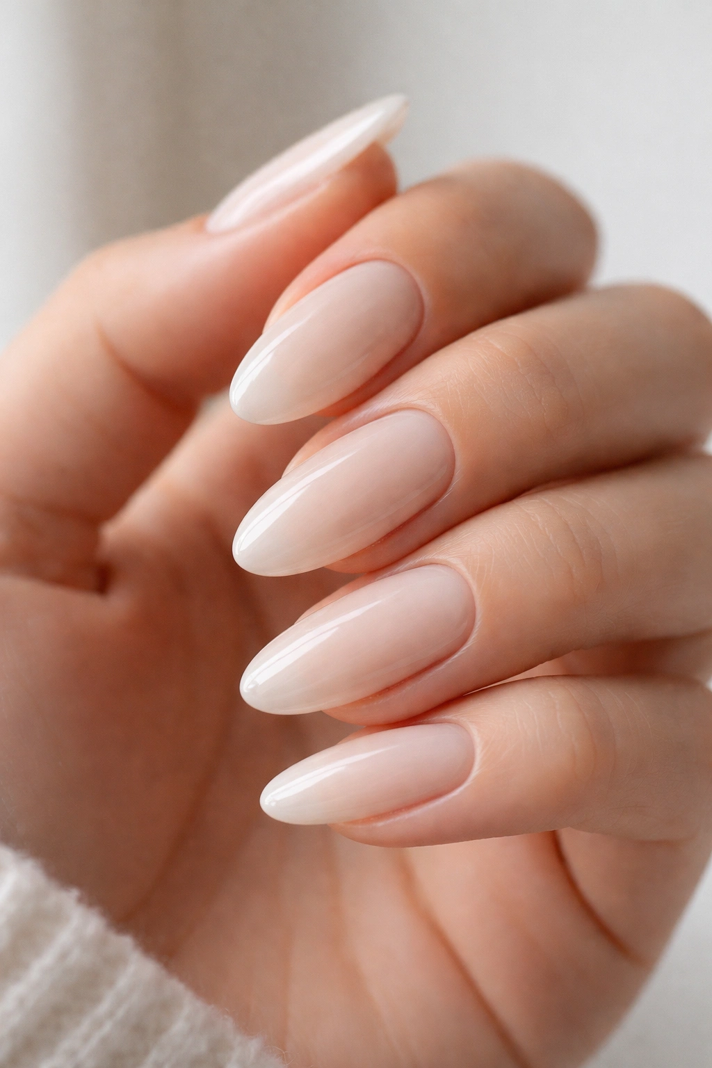 Close-up of almond-shaped milky nails with sheer cream polish.