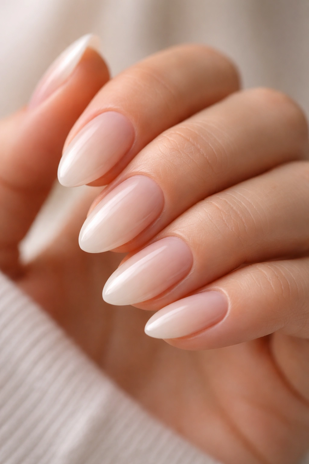 Close-up of short almond nails with sheer milky white polish showing natural nail through