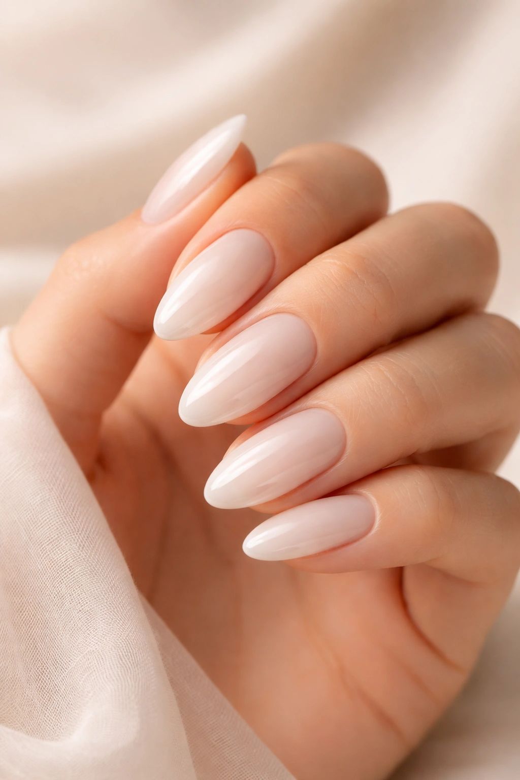 Macro close-up of milky white soap nails with glossy almond manicure