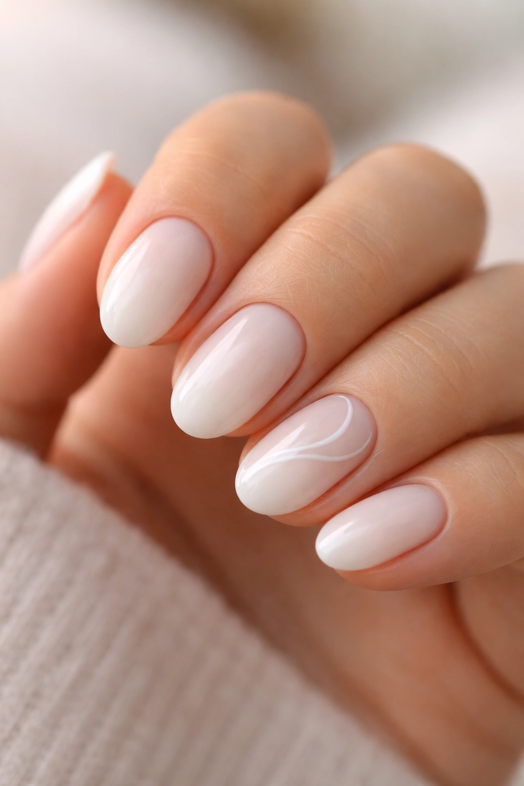 Milky almond nails with a delicate white swirl on one accent nail
