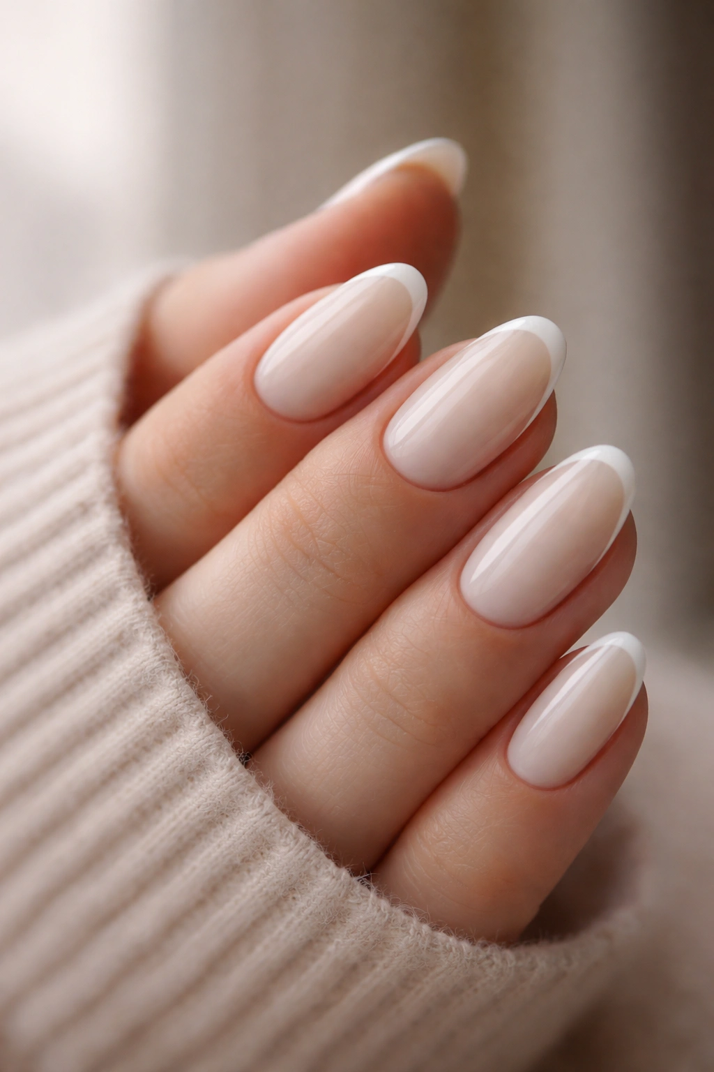 Close-up of short almond nails with milky base and thin white French edge