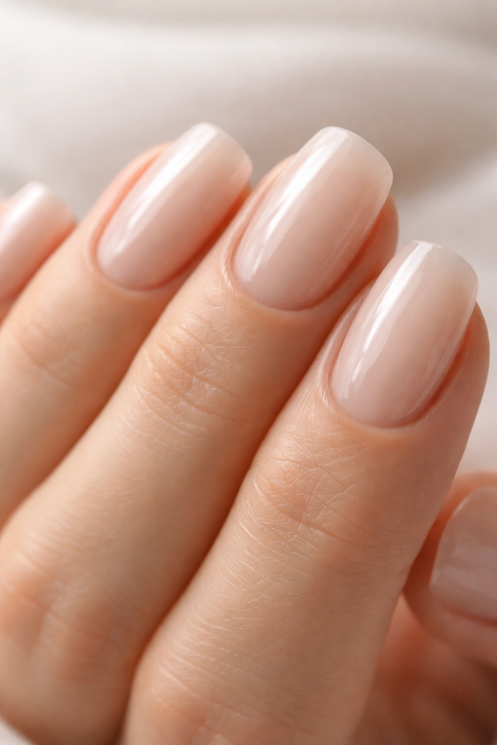 Nails with translucent milky polish showing natural nail underneath