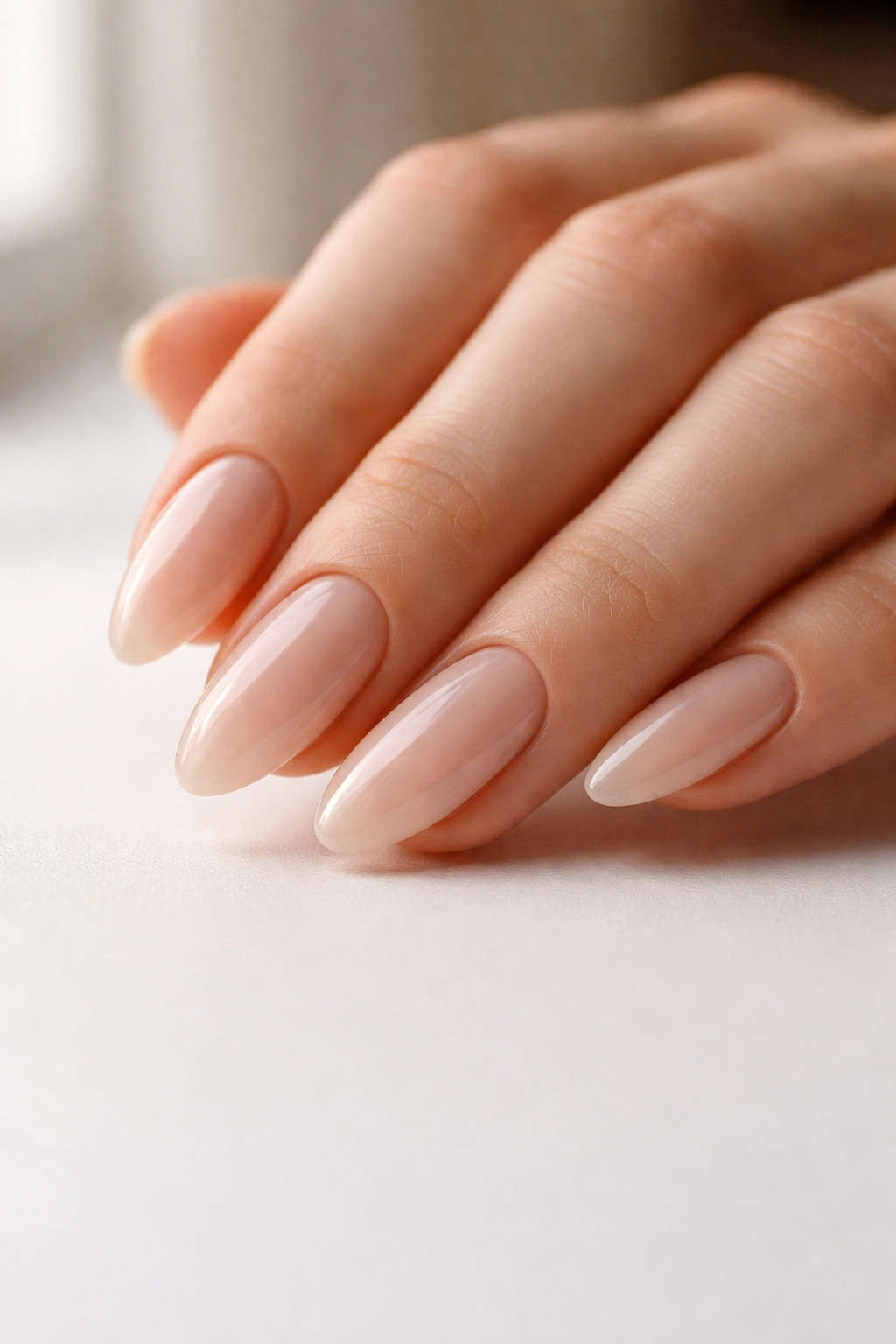 Close-up of milky nude almond nails with translucent beige-pink glaze on a manicured hand