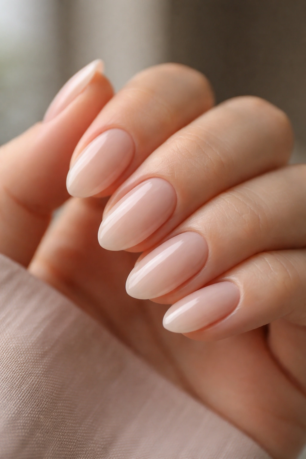 Close-up of milky nude short almond nails with builder gel on a hand, soft lighting