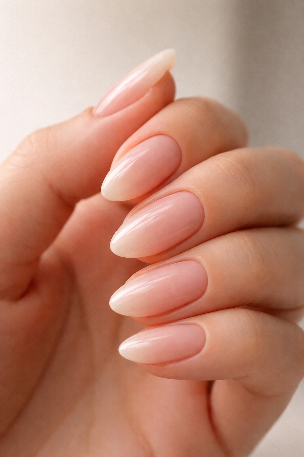 Close-up of a short almond nail in milky nude on a neutral backdrop