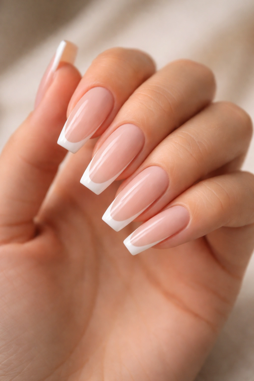 Milky nude ballerina nails with micro French tips on a hand
