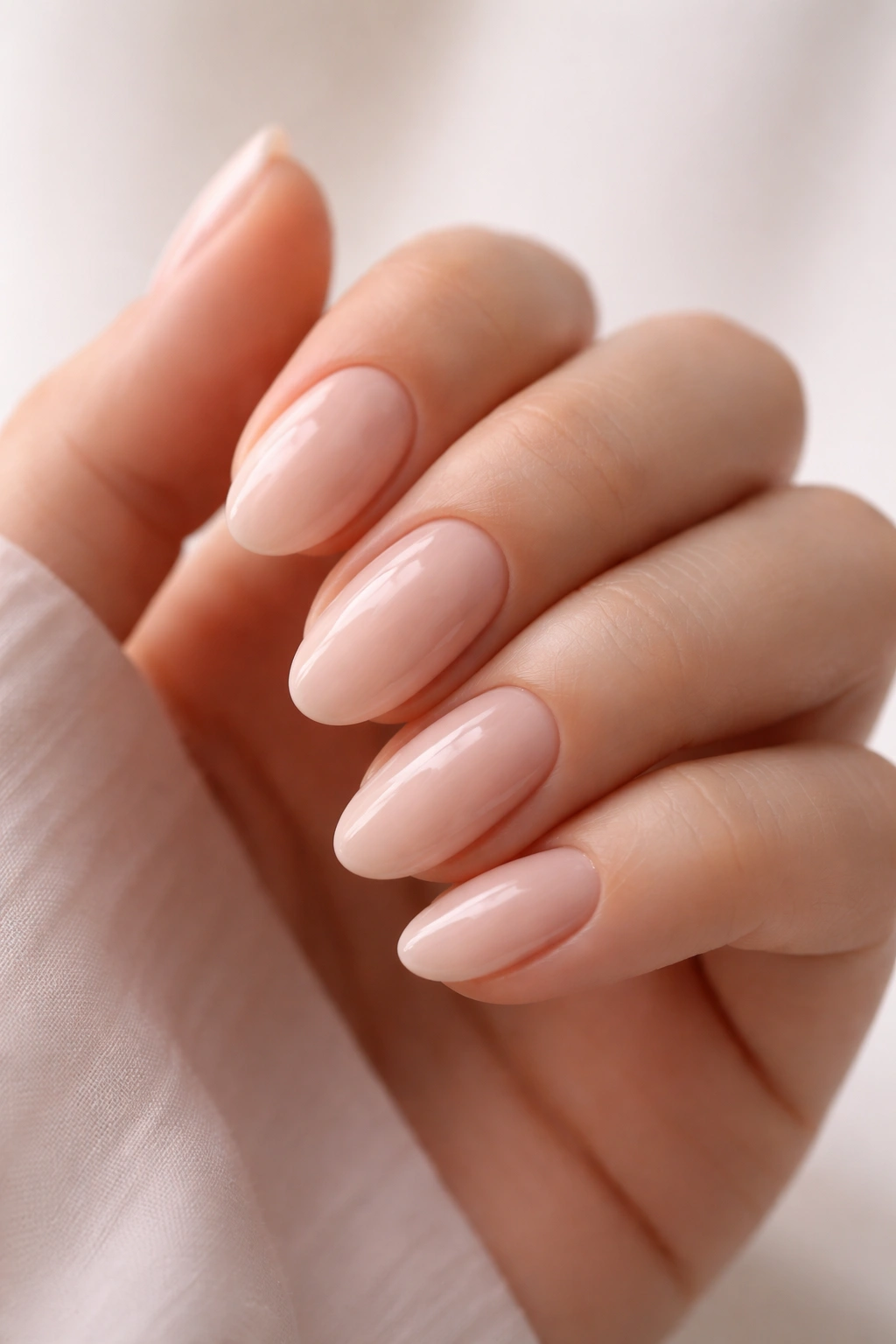 Close-up of short almond nails in milky nude glaze with porcelain finish