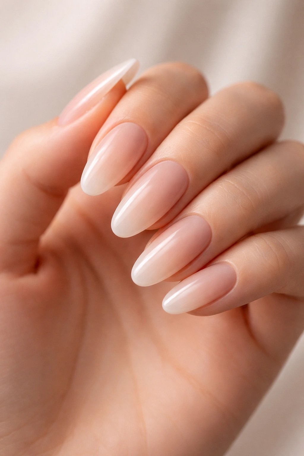 Milky nude gradient nails with oval shape in a neutral studio